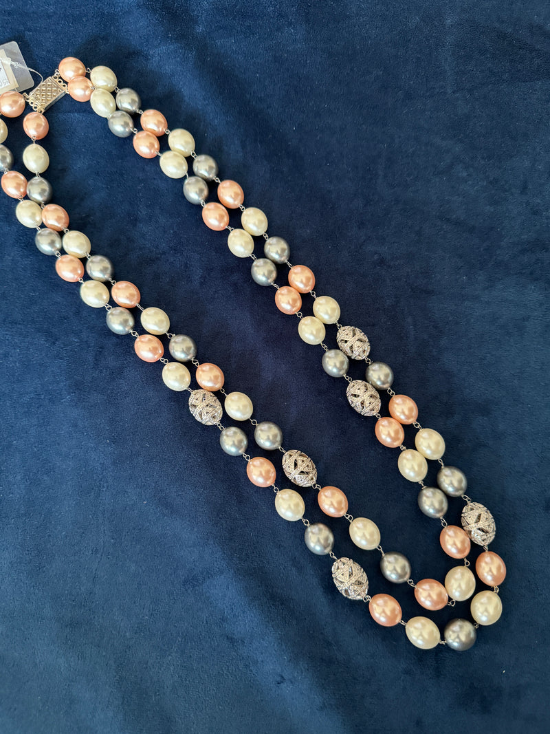 Double layered pearl strings with diamond beads - grey peach & white