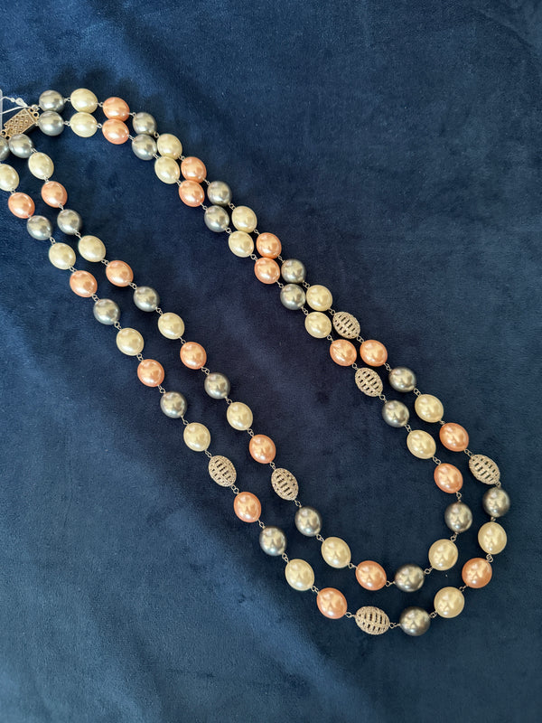 Double layered pearl strings with diamond beads - grey peach & white