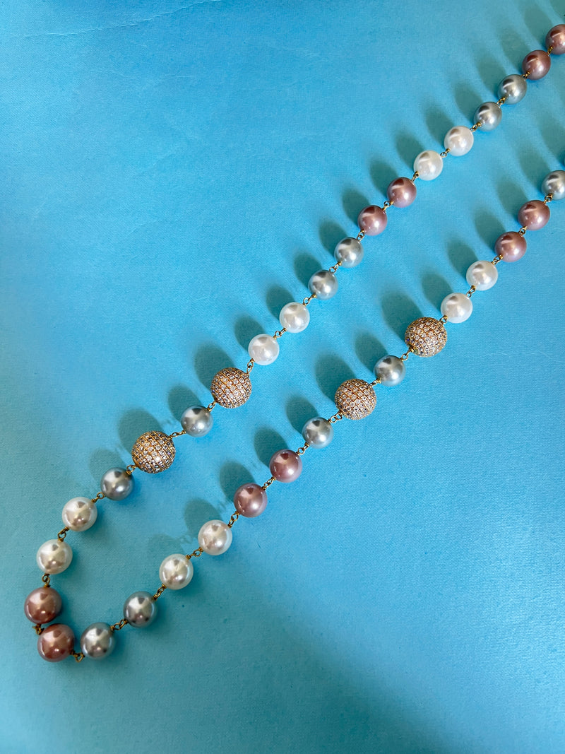 Three color Pearl string with diamond beads