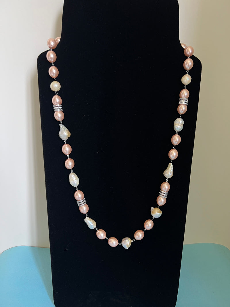 Pink Pearl & Baroque string with diamond beads