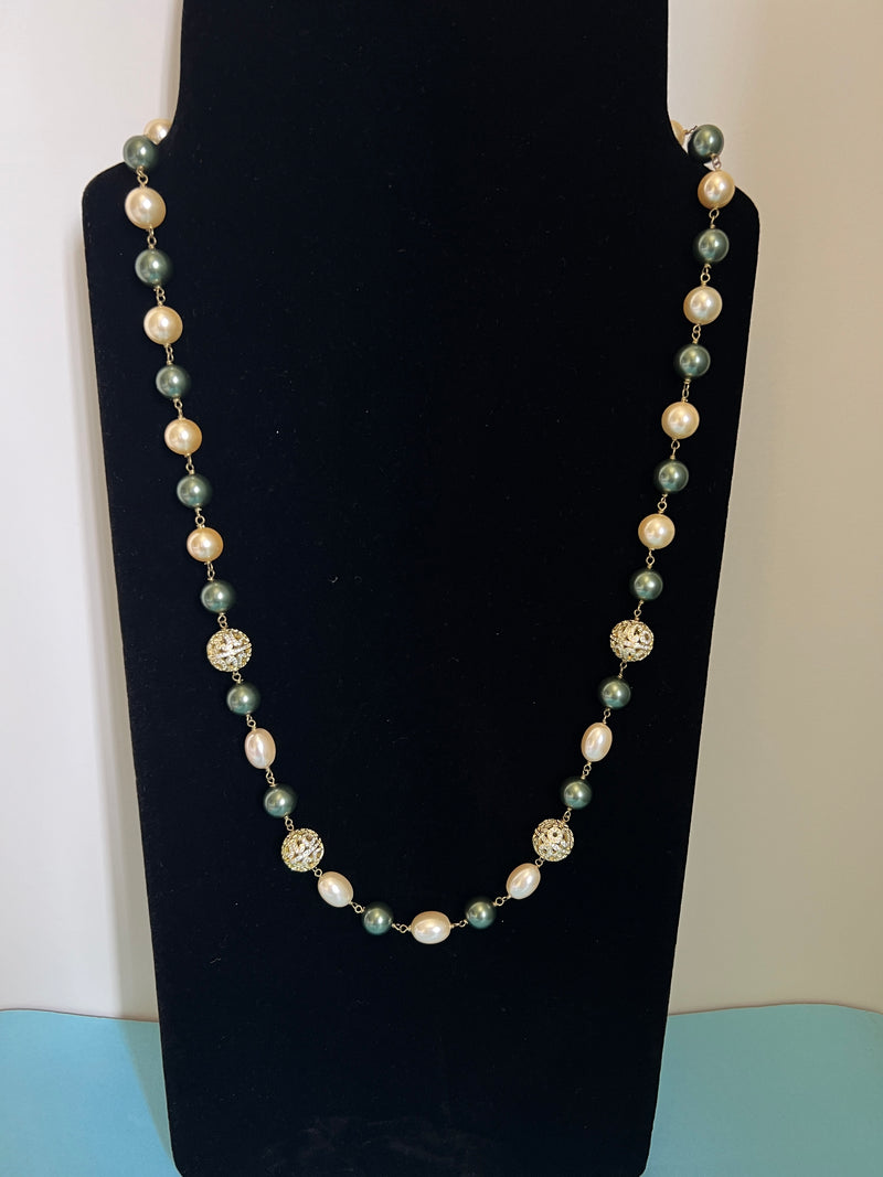 Olive & gold Pearl string with diamond beads