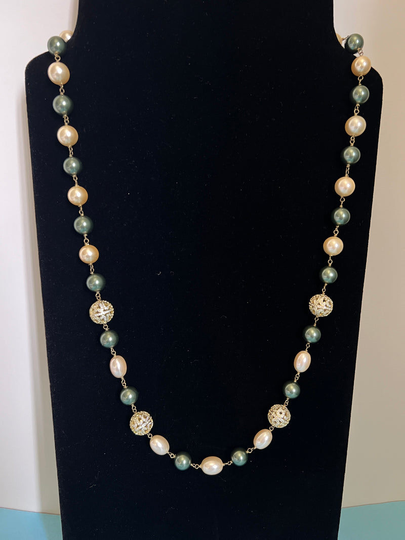 Olive & gold Pearl string with diamond beads