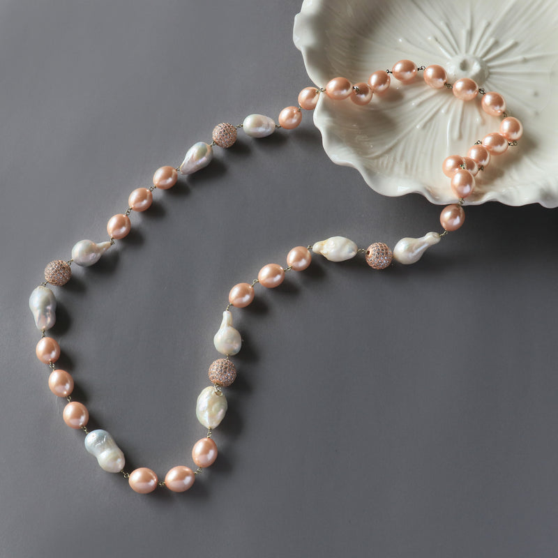 Pink Pearl & Baroque string with diamond beads
