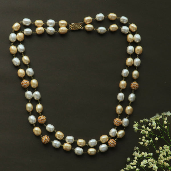 Double layered pearl strings with diamond beads - gold & ivory