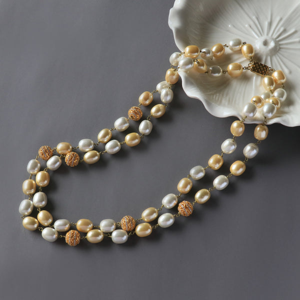 Double layered pearl strings with diamond beads - gold & ivory