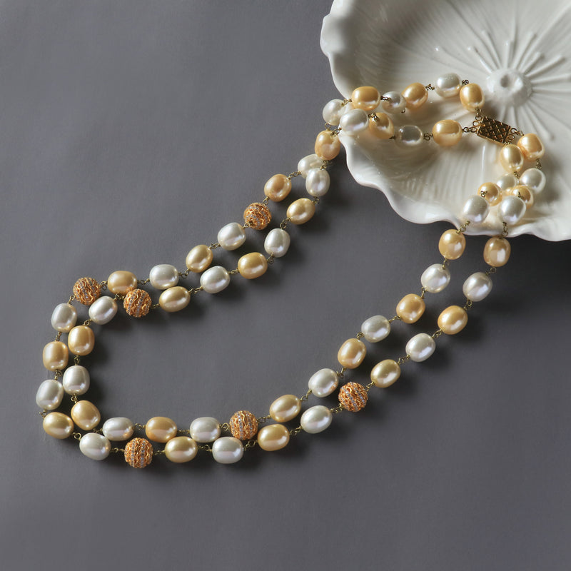 Double layered pearl strings with diamond beads gold ivory