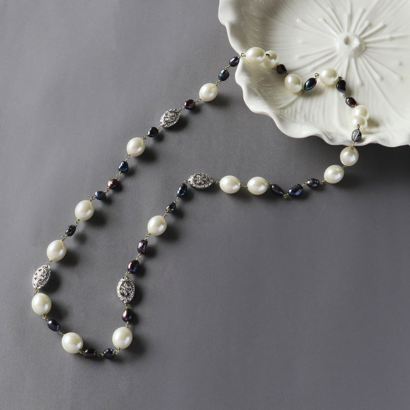 Grey & White Pearl string with diamond beads